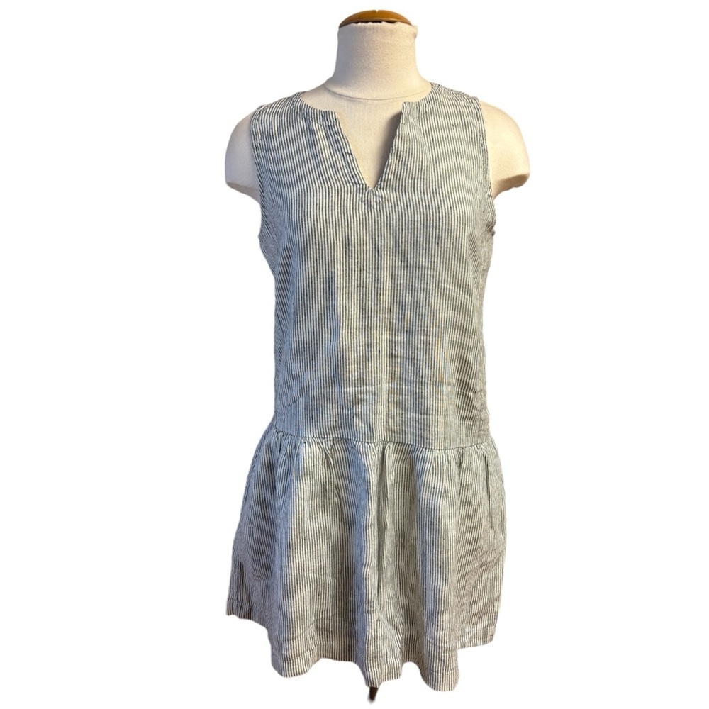 Artisan NY 100% linen drop waist mini length dress grey nautical stripes
